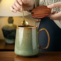 Tasse rétro à effet de four, grande capacité, style américain, en céramique, compatible micro-ondes, motif dégradé, tasse à eau et petit-déjeuner avec couvercle et cuillère, 700 ml