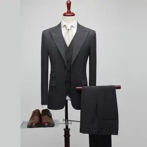 Wholesale high quality 60% polyester men's three-piece suit wedding men's slim Dark gray check business office suit plus size