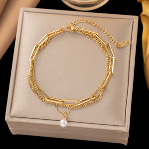 Promo Panas 2 Pcs/<span class=keywords><strong>Set</strong></span> Gelang Mutiara Berlapis Emas 3 Lapis Kalung Rantai Paperclip Baja Anti Karat <span class=keywords><strong>Set</strong></span> Perhiasan Wanita - Product Image 2