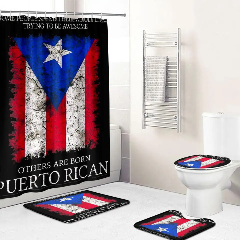 プエルトリコの旗デジタルプリント3Dデザイナー動物ユニークなバスルームシャワーカーテン、バスルーム用ラグ付き