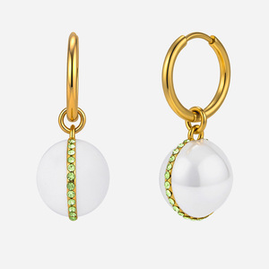 Pearl Drop Earrings Gold Hoop With Green Gemstone Inlay Everyday Wear - Product Image 1