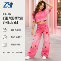 Ensemble 2 pièces Zesheng Y2K esthétique rose délavé à l'acide avec imprimé cœur, t-shirt court vintage et pantalon large pour femme