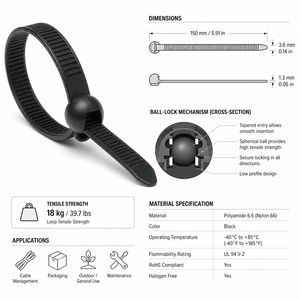 Attaches de câble réutilisables en nylon de qualité supérieure à prix abordable, type boule à serrage rapide - Product Image 5
