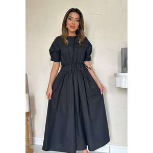 Robe trapèze noire en popeline à col rond, taille naturelle, confortable, pour le bureau - Product Image 3