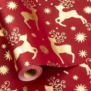 Papier d'emballage de Noël en kraft rouge avec motif de renne en feuille d'or rose 3D, papier d'emballage cadeau pour emballages de Noël - Product Image 2