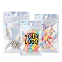 Sac d'emballage en plastique holographique léger personnalisé avec fermeture éclair refermable, sac à trois soudures latérales pour bonbons, biscuits, collations, bijoux
