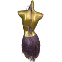 Robe mini de soirée pour femme, à découpes, ornée de strass et de pompons violets, dos nu, style licou, pour cocktail, performance DJ et tenue de danse