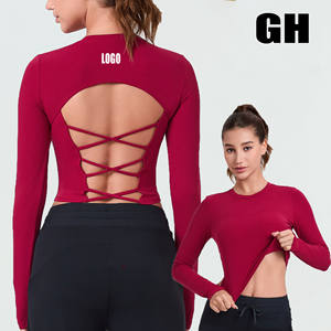 <span class=keywords><strong>T</strong></span>-shirt de sport pour le yoga et la salle de sport, entraînement, en nylon et élasthanne, avec coussinets fixes, soutien-gorge intégré, haut court à manches longues, dos croisé, haut court pour femme - Product Image 1