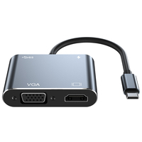 CY012 Output Video 4K 4-in-1 USB 3.0 Tipe-C VGA Konverter TV HD Berbahan Aluminium Alloy Hub USB 4-Port Warna Abu-abu untuk Meja Kerja Mobile
