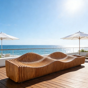 Banco de Madera en Forma de Ola Personalizado Y523, Asiento Largo Artístico Hecho a Mano para Espacios de Exhibición de Museos y Galerías de Arte - Product Image 1