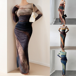 Elegante <span class=keywords><strong>Abito</strong></span> da Festa per Signore in Tessuto a Rete Stampato, <span class=keywords><strong>Maniche</strong></span> <span class=keywords><strong>Lunghe</strong></span>, Collo Tondo, Foderato, Disponibile in Stock, Spedizione Rapida, Abiti Eleganti - Product Image 2