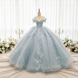 Abito da ballo blu cielo Hot Skly per Quinceañera, con scollo a cuore, perline e fiori 3D, lungo fino al pavimento, Vestidos De 15, in pizzo - Product Image 1