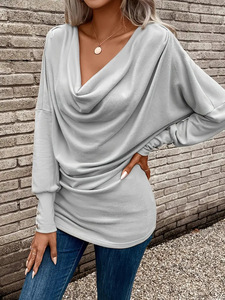 เสื้อยืดคอวีสีพื้นขายดีประจำฤดูใบไม้ร่วง เสื้อแขนยาวผู้หญิงสไตล์หรูหราทันสมัย - Product Image 4