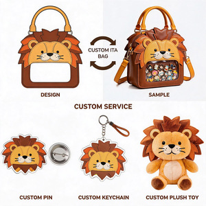 Bolso de hombro de cuero PU con diseño de león de dibujos animados personalizado, con solapa transparente para exhibir pines, bolso de mensajero para mujer - Product Image 3