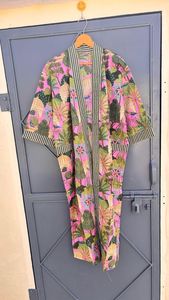 Robe kimono longue imprimée pour femme, col en V, manches trois quarts, mode estivale, vêtement de nuit en coton doux - Product Image 2