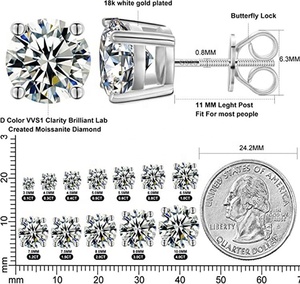Pendientes de tuerca clásicos de plata 925 chapados en oro con moissanita de corte brillante redondo de cuatro puntas, con cierre de rosca, para hombre y mujer - Product Image 5