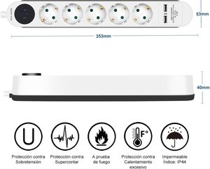 Regleta de toma de corriente de 5 salidas con 2 puertos de 1/2/2 puertos de 1/2/2 puertos de 1/2 M Cable de 1,5 m Protección infantil Max 3680W Clasificación IP44 - Product Image 2
