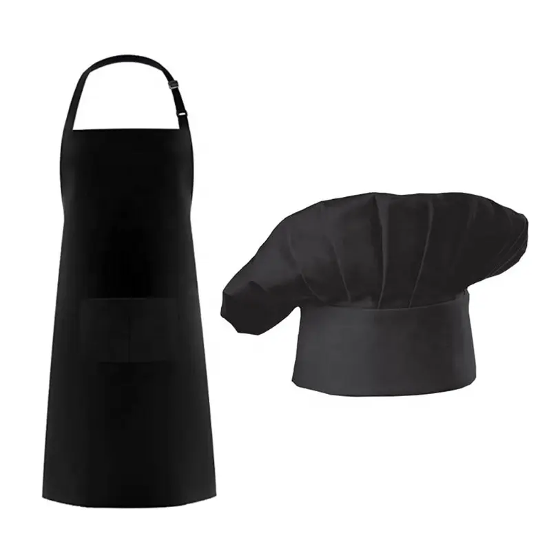 Hochwertige billige Großhandel Schürze mit Taschen Black Plain Restaurant Schürze Baumwolle/Polyester Chef Hut Schürze Lätzchen