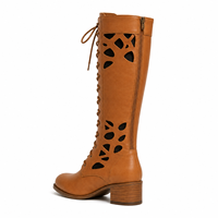 Bottes hautes marron à lacets découpées pour femmes, talon carré, chaussures de mode, vente en gros, fournisseur d'usine OEM ODM, partenaire