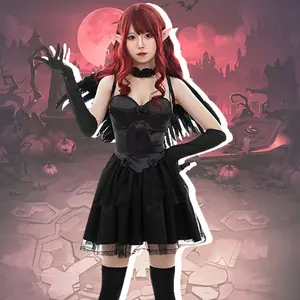 Free Sample Devil Dresses For Girls Witch Cosplay Costume Halloween Black Horror Dress Up Cosplay Suspender Dress