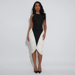 Vestido <span class=keywords><strong>de</strong></span> oficina elegante <span class=keywords><strong>de</strong></span> verano para mujer C7583, con cuello halter, sin espalda, plisado, ajustado, a media pantorrilla, con bloques <span class=keywords><strong>de</strong></span> color y cadera elástica - Product Image 2