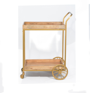 Vente en gros d'hôtel de bonne qualité cadre en métal doré personnalisé avec dessus en bois chariot de bar de service pliant chariot 2 couches avec étages - Product Image 3