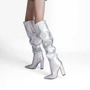 Dazzling Stiletto <b>Boots</b> Pleated on Pointed Toe Women Knee High <b>Boots</b> Winter High Heel <b>Boots</b> Chunky Heel Big Size 47 - Product Image 6