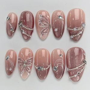 <span class=keywords><strong>Uñas</strong></span> Postizas Pintadas a Mano con Rosas Rosadas, <span class=keywords><strong>Uñas</strong></span> <span class=keywords><strong>Acrílicas</strong></span> de Ojo de Gato Personalizadas, <span class=keywords><strong>Uñas</strong></span> de Primavera Hechas a Mano, <span class=keywords><strong>Uñas</strong></span> Almendradas Brillantes, Precio al por Mayor - Product Image 3