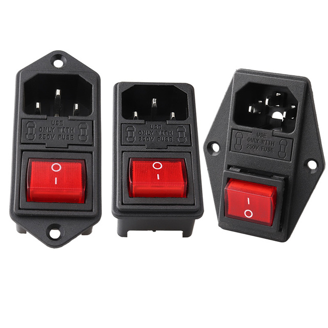 IEC 320 C14 10A 250V 3-Pin AC Power Socket with Double Fuse Holder and KCD5 Rocket Switch 3-in-1 Integration Industrial