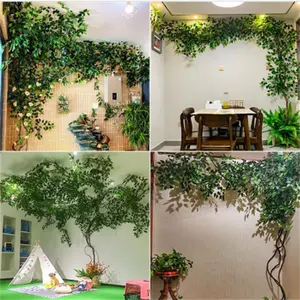 人工つるストリップガジュマルの木の葉の枝リビングルームの偽のつるの緑の植物屋内天井緑の葉の装飾