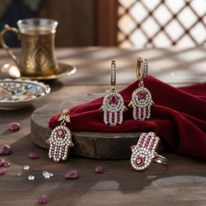 Juego de Hamsa de diseño auténtico de piedra de Rubí, conjunto de plata turco artesanal, diseños de joyería tradicional, venta al por mayor - Product Image 3