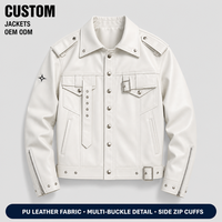 Vestes blanches personnalisées pour hommes en similicuir clouté avec boutons-pression, doubles poches poitrine, ceinture à boucle, poignets zippés, style motard vintage