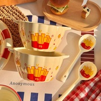 Bol en céramique en forme de frites, design 2025, pour hôtels, vaisselle haut de gamme pour une personne ; Assiette mignonne à motif de dessin animé, compatible micro-ondes