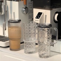 Grand gobelet isotherme en verre avec poignée et couvercle à paille, réutilisable, moderne et minimaliste, pour café glacé, idéal pour la maison et le bureau
