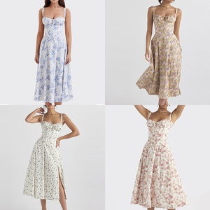 Falda acampanada hasta <span class=keywords><strong>el</strong></span> suelo informal elegante estilo francés para <span class=keywords><strong>mujer</strong></span> europea <span class=keywords><strong>americana</strong></span> Vestido con tirantes divididos 100% poliéster gasa Natural - Product Image 4