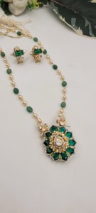 Gold Plated Moissanite <b>Necklace</b> Set from Elahe features vibrant green stones and <b>delicate</b> pearl beads Jewelry Set - Product Image 5