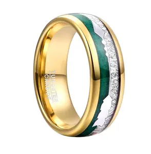 Tungsten Ring Custom Brand Silver Arrow Tungsten Carbide Ring Gold Wedding Band With Green Agate and Imitated Meteorite for Men