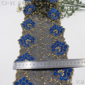 Màu Đen Lưới Thêu Ren Với Royalblue Hoa Vải Nhà Máy Giá 15Cm Hoa Thêu Biên Giới Ren Trim Cho Quần Áo - Product Image 2