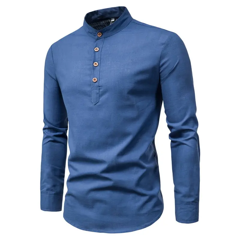 New Fashion Männer Frühling Baumwolle Leinen Pure Color Button Stehkragen Langarm Business Tops Pullover Bluse Casual Shirt