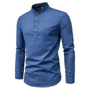 New Fashion Men Spring Cotton Linen Pure Color Button Mandarin Collar Long Sleeve Business Tops Pullover Blouse Casual Shirt
