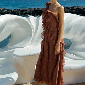 Vestido Largo de Verano para Mujer, sin Mangas, con Cuello Halter, Espalda Descubierta, Apliques Sólidos, Volantes en Cascada, Estilo Línea A, para Fiesta - Product Image 1