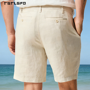 กางเกงขาสั้นผ้าลินินปักลายสำหรับผู้ชาย แต่งจีบด้านหน้า ขอบขาจั๊มพ์ เอวกลาง ติดกระดุม ทรงหลวมใส่สบาย เหมาะสำหรับใส่ไปเที่ยวชายหาดหรือรีสอร์ท - Product Image 3