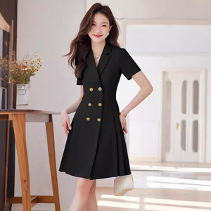 Blue Short Sleeve Suit Dress For Women Fit And Flare Double Button Career Dress Summer 2024 Solid Color Polyester Woven - Product Image 2