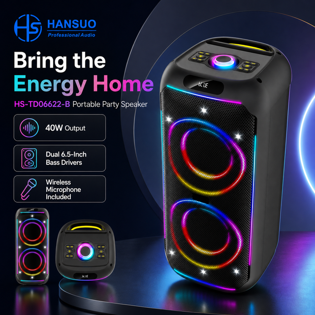 40W Dual 6.5 Inch Portable Karaoke Party Speaker with Wireless Microphone Remote Control and Color Light Effects