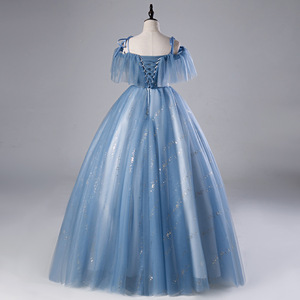 Blue Off The Shoulder Evening Gown With Floral Print Empire Waist Long Tulle Dress For Banquets And Performances - Product Image 4
