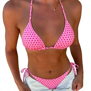 Ensemble bikini à pois pour femme, 2 pièces, haut triangle extensible en spandex et polyester avec cordon de serrage et bas de maillot à nouer sur le côté - Product Image 4