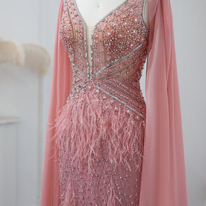 Sharon Said SS027 vestido de noche de lujo plumas Rosa sirena capa mangas Dubai mujeres Vestido largo de graduación vestido de fiesta de boda - Product Image 4