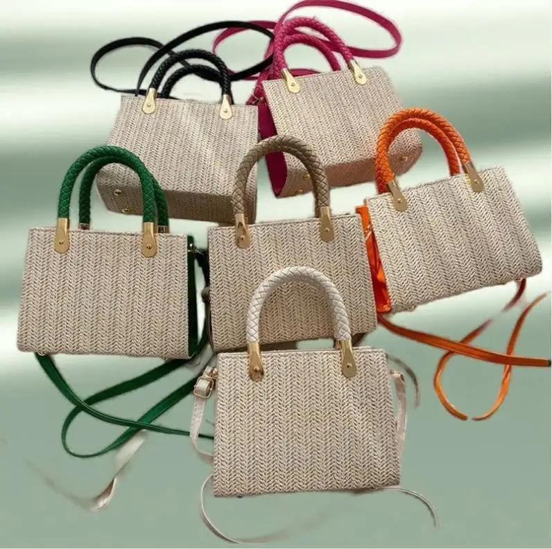 Beach Straw Bag Lock Women Purse Handbags Letter Summer Chains Eco Friendly Handmade Woven Tote Bag Button Beach Handbag