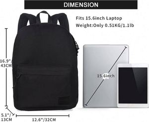 Mochila ligera informal para portátil con puerto de carga USB para hombres y mujeres, mochila para la universidad (negro completo) - Product Image 3