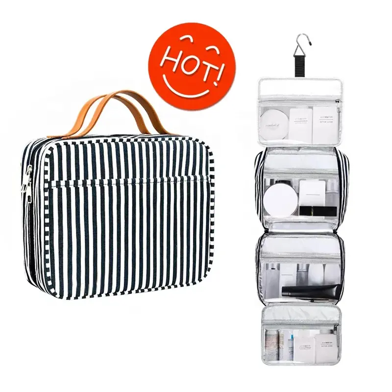 Hanging Travel toiletry Bag Striped Makeup Organizer Foldable Travel Cosmetic Bag Organizer with 4 Compartments & 1 Sturdy Hook